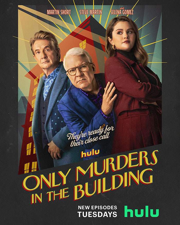 Selena Gomez posing with co-stars in Only Murders in the Building promotion, highlighting makeup and music earnings.