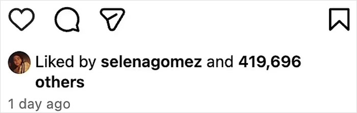 Instagram post liked by selenagomez and 419,696 others, showing Selena Gomez silently supporting Hailey Bieber.