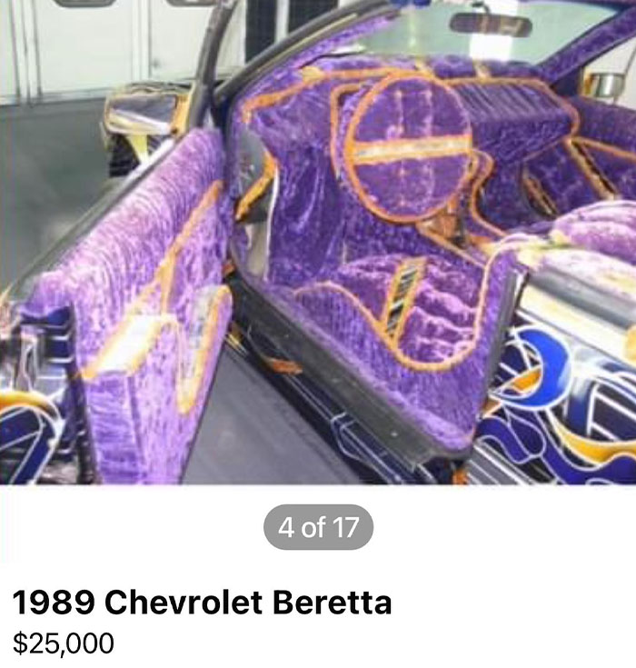 Interior of 1989 Chevrolet Beretta with chaotic purple and orange velvet upholstery for sale.
