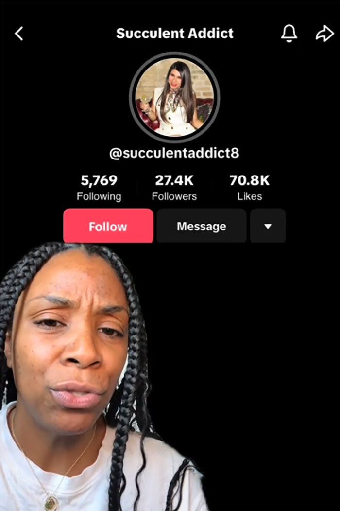 Woman reacting in TikTok video addressing Pilates and people 200 lbs and over with braided hair and serious expression.