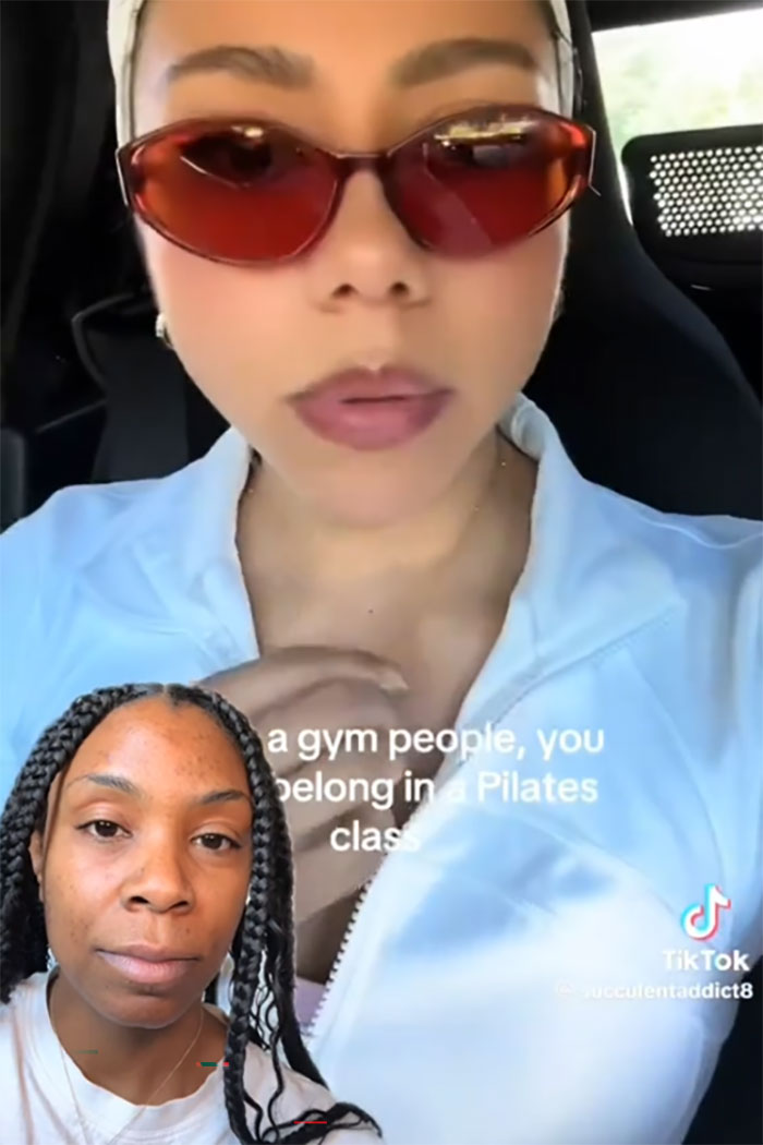 Woman wearing red sunglasses and white jacket with text overlay about Pilates and weight controversy on TikTok.