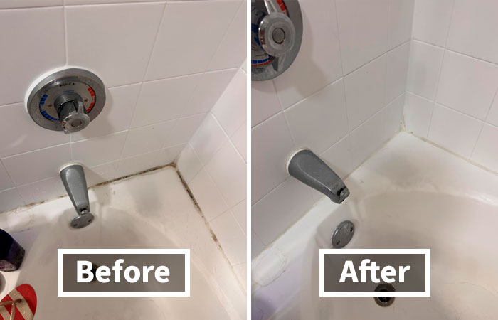 Before and after bathtub cleaning showing problem-solvers helping to get your life together with improved bathroom maintenance.