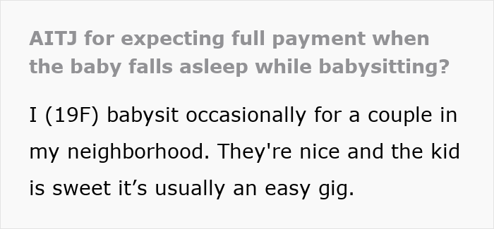 Text excerpt about babysitting a baby who falls asleep while the family tries to avoid full payment to the babysitter.
