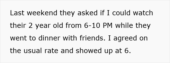 Text excerpt describing babysitting a toddler from 6-10 PM while parents dine out, relating to baby falls asleep and payment issue.