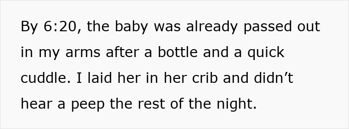Text excerpt describing a baby falling asleep quickly after a bottle and cuddle, relevant to babysitter payment dispute.