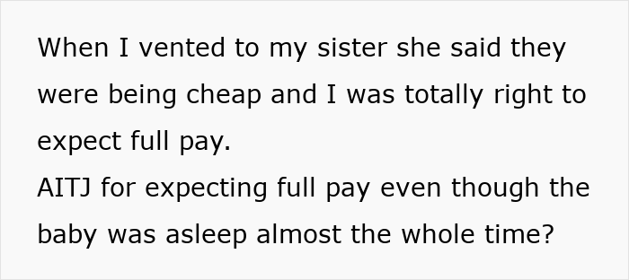 Text on a white background discussing a babysitter expecting full pay despite the baby being asleep most of the time.