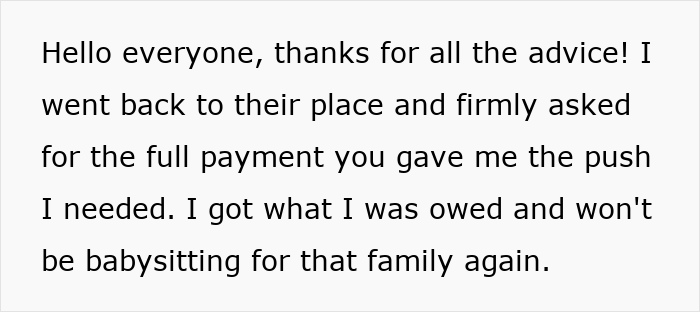 Text excerpt from a babysitter explaining how a family tried to avoid paying the full amount after their baby fell asleep.