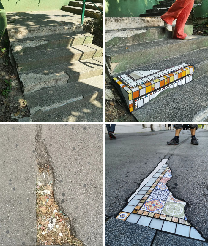 Creative solutions showing clever ways people fixed overlooked issues with stairs and pavement using colorful tiles and repairs.