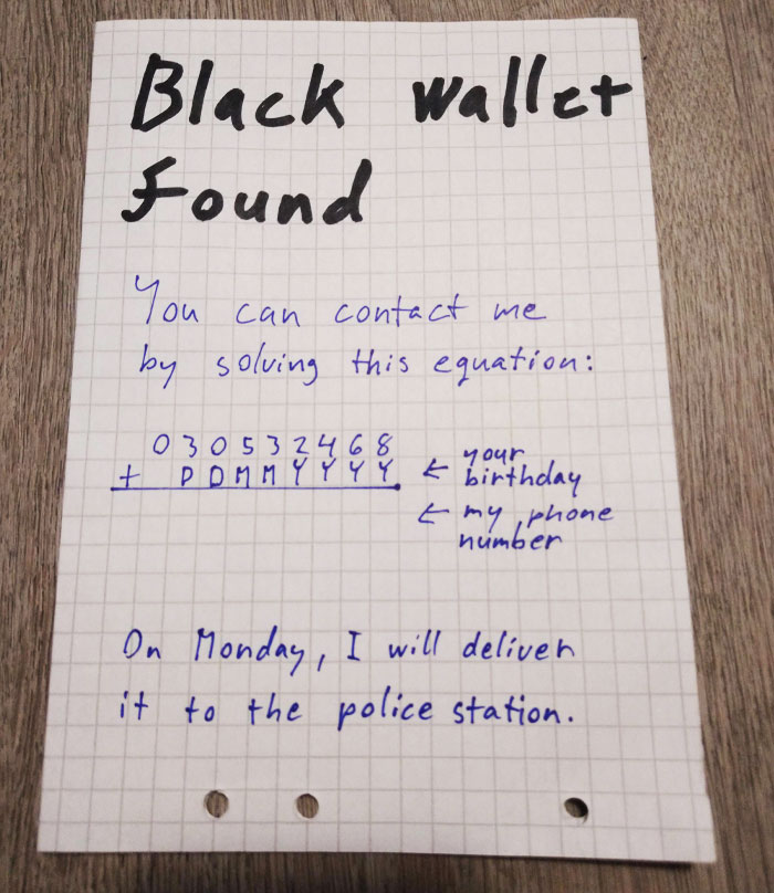 Handwritten note showing a clever way to solve an overlooked issue by using a math equation to share contact details.