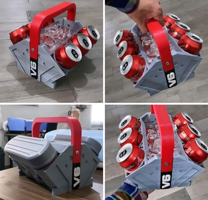 Portable cooler designed like a V6 engine block holding ice and soda cans, showcasing clever ways people solved issues.