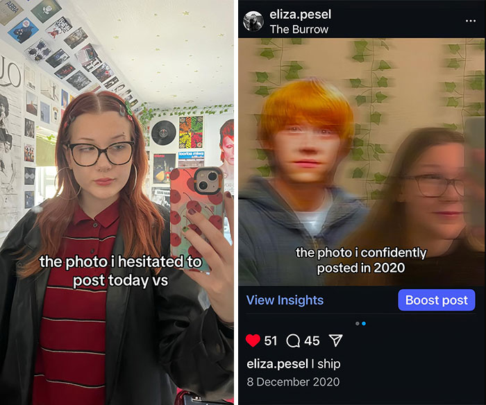 Side-by-side pics showing a hesitant selfie versus a confidently posted blurred photo from 2020 with social media interface.
