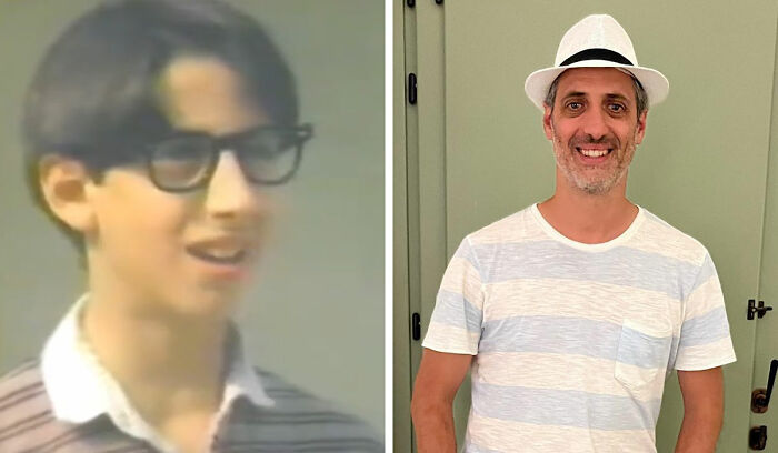 Side-by-side images of a 90s celebrity as a young actor and later smiling in casual clothes, illustrating life after Hollywood.