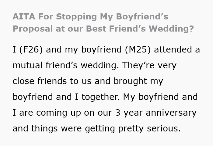 Alt text: Woman explaining stopping boyfriend&rsquo;s proposal at best friend&rsquo;s wedding and relationship anniversary concerns.