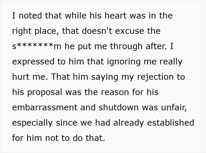 Text excerpt from a story about stopping a boyfriend&rsquo;s proposal and the emotional impact of rejection and embarrassment.