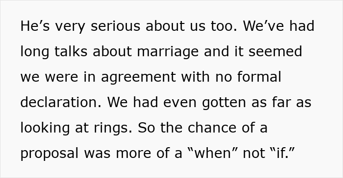 Text about serious talks on marriage and rings, reflecting thoughts on stopping boyfriend&rsquo;s proposal at best friend&rsquo;s wedding.