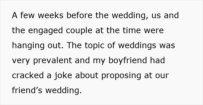 Text about a boyfriend joking about proposing at their best friend&rsquo;s wedding before the actual event.