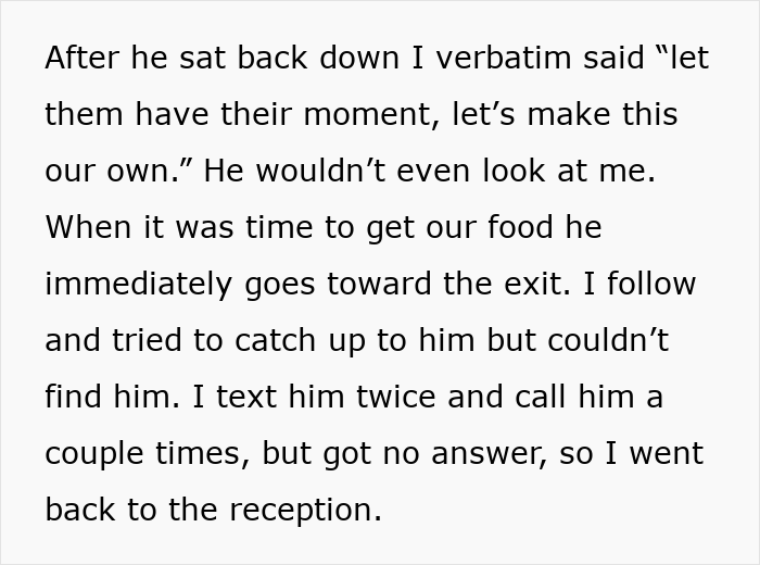 Text excerpt describing a tense moment after stopping a boyfriend's proposal at a best friend's wedding.