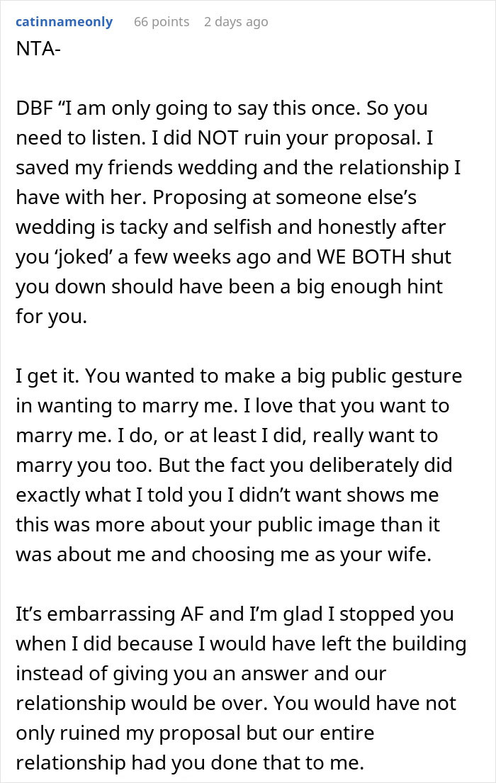 Screenshot of a forum comment discussing stopping a boyfriend&rsquo;s proposal at a best friend&rsquo;s wedding and relationship impact.