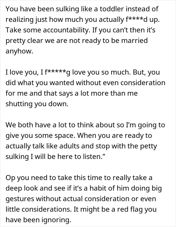 Text excerpt discussing relationship issues and accountability related to stopping a boyfriend&rsquo;s proposal at a best friend&rsquo;s wedding.