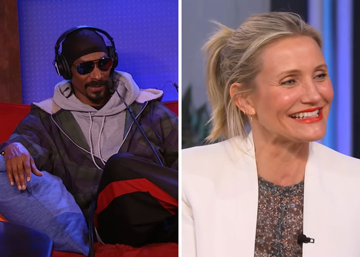 Person wearing headphones and sunglasses seated on a couch, alongside a smiling woman in a white blazer sharing celebrity insights.