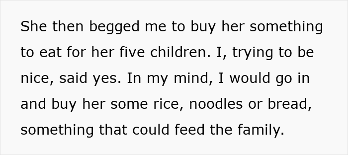 Text excerpt describing a woman almost getting scammed at a store while trying to help a family in need. Text excerpt describing a woman almost getting scammed at a store while trying to help a family in need.