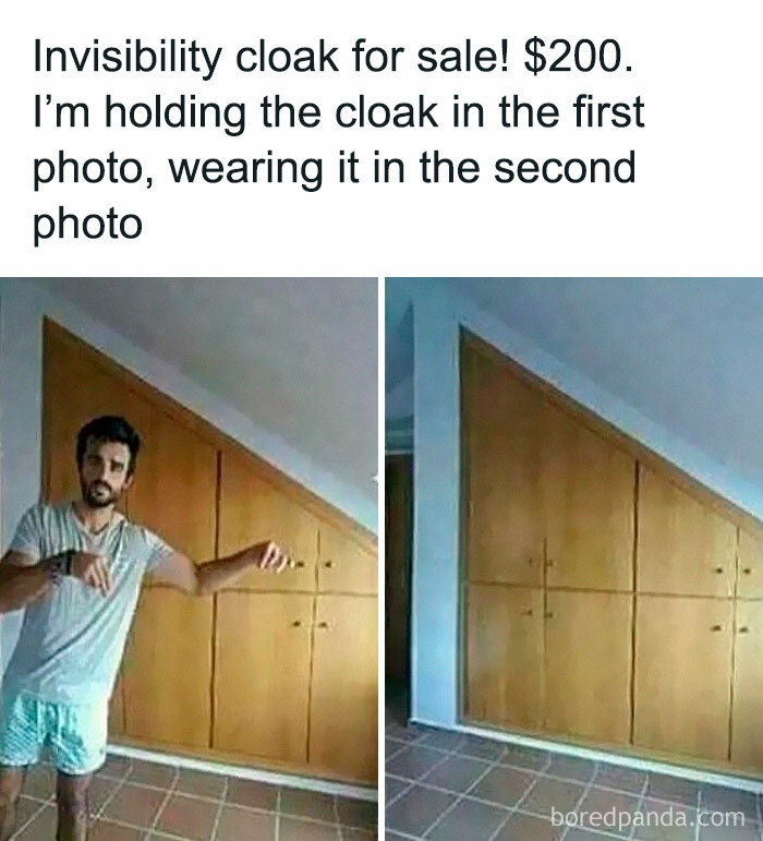 Man demonstrating invisibility cloak illusion with two side-by-side photos in a simple room, funny random memes concept.