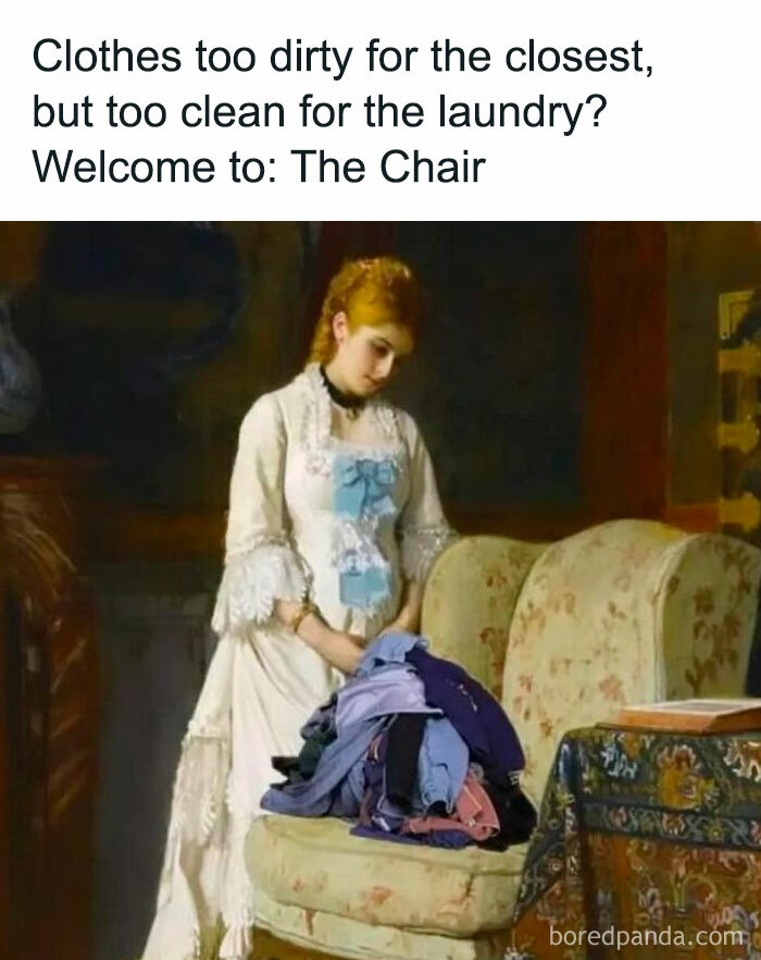 Woman in vintage dress looking at a pile of clothes on a chair, depicting a relatable random meme for brain breaks.