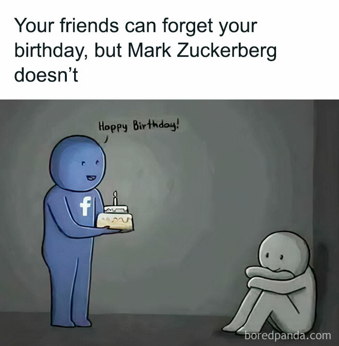 Cartoon showing a Facebook character holding a birthday cake saying happy birthday to a sad person, random memes humor.