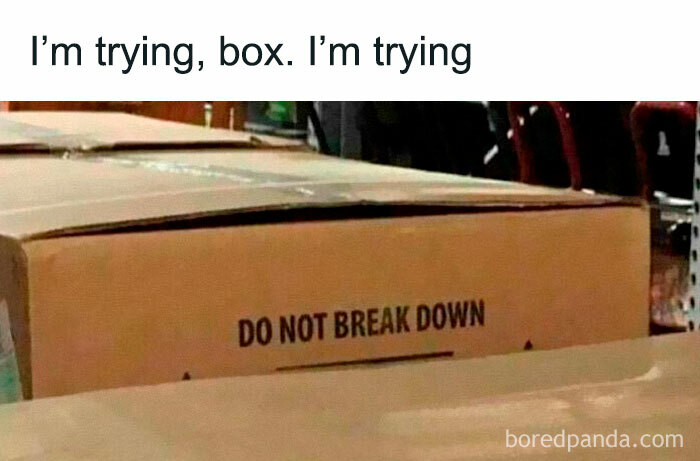 Box with a label saying Do Not Break Down, paired with text humorously expressing mental effort and needing a break.