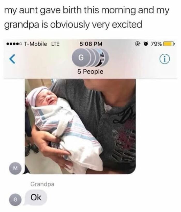 Group chat screenshot with a newborn baby and a grandpa's unenthusiastic reaction, a funny random meme for brain breaks.