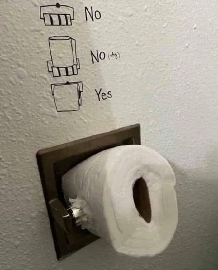 Toilet paper roll humor with instructions showing which way to place the roll, featured in random memes for brain breaks.