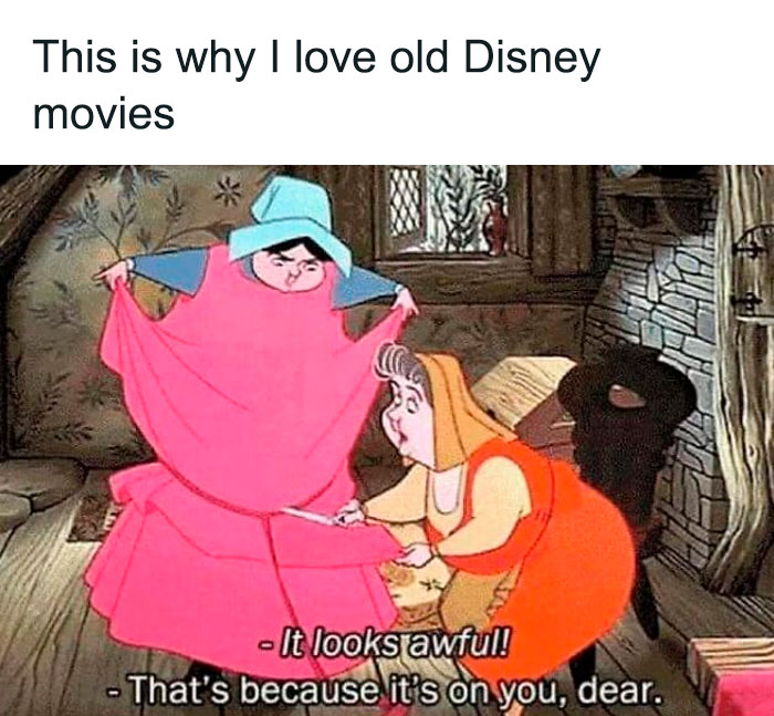 Scene from an old Disney movie with two women having a humorous conversation, perfect random memes for a brain break.