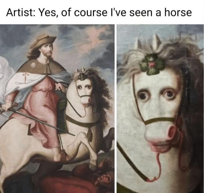 Meme featuring a historical painting with a horse that has a humorous, confused facial expression for random memes.
