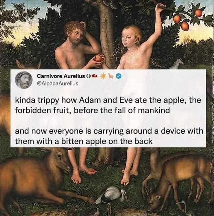 Adam and Eve eating the forbidden fruit with a meme about the bitten apple device, part of random memes for brain break.