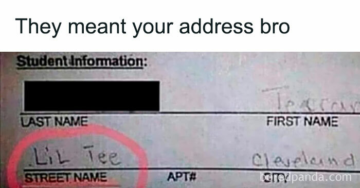 Funny random meme showing a student form with street name mistakenly filled as a nickname, perfect for a brain break.