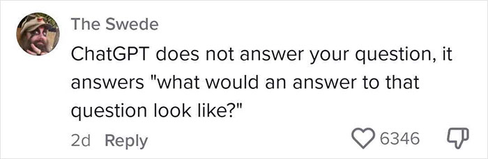 Meme showing a comment about ChatGPT answering what an answer would look like, with high likes.