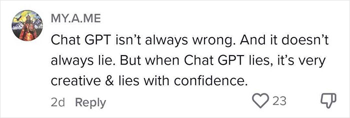 Screenshot of a social media comment about Chat GPT lying creatively, related to 2025 summer reading list runs in newspapers.