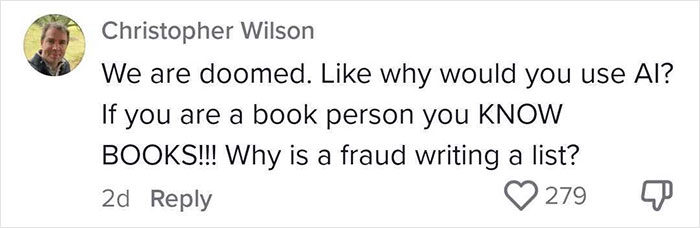 Comment by Christopher Wilson expressing concern over AI-generated 2025 summer reading list with many books that don't exist.