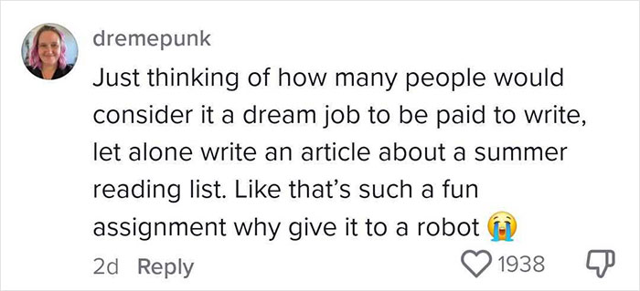 Tweet text about writing a summer reading list article, discussing the irony of giving the task to a robot in 2025 Summer Reading List runs.