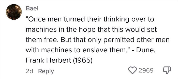 Quote from Dune by Frank Herbert about men, machines, and freedom in a social media comment with 2969 likes.