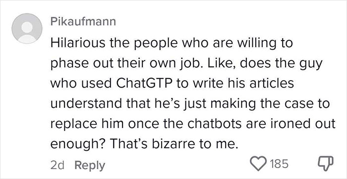 Comment discussing the use of chatbots and AI tools in writing and the impact on job security in online comments.