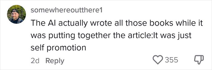 Screenshot of a social media comment suggesting AI created nonexistent books in 2025 summer reading list articles.