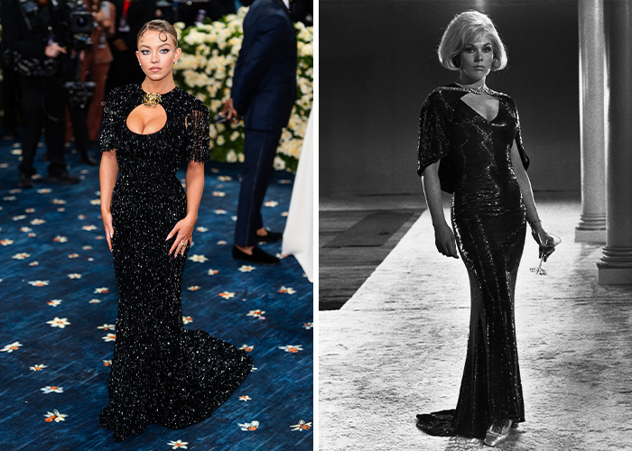 Two celebs wearing iconic fashion reboots in elegant black sequined gowns with cut-out details at high-profile events.