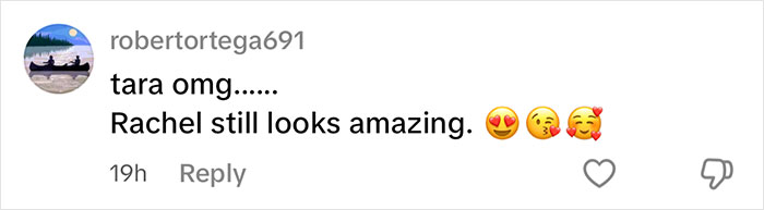 Comment praising an American Pie star named Rachel, expressing amazement at her appearance with emojis. Comment praising an American Pie star named Rachel, expressing amazement at her appearance with emojis.