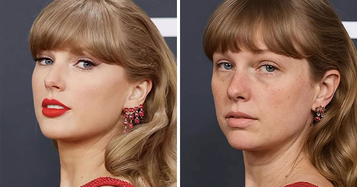Side-by-side images of a Hollywood star showing makeup and no makeup, illustrating a cosmetologist's reveal without filters or fillers.