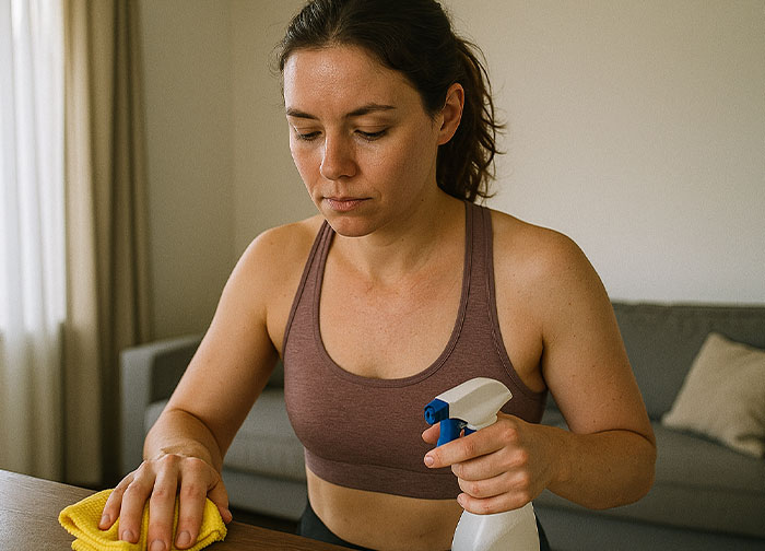 Woman cleaning a table indoors wearing a casual outfit as a neighbor complains about her outfit and husband's staring. Woman cleaning a table indoors wearing a casual outfit as a neighbor complains about her outfit and husband's staring.