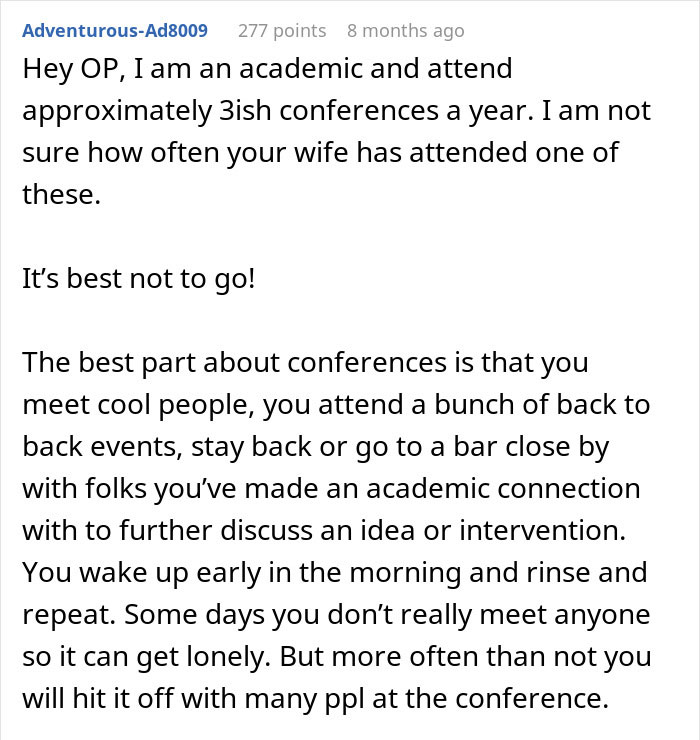 Comment on dad wondering if he&rsquo;s a jerk for not wanting to join wife&rsquo;s work trip with kids, sharing conference insights.