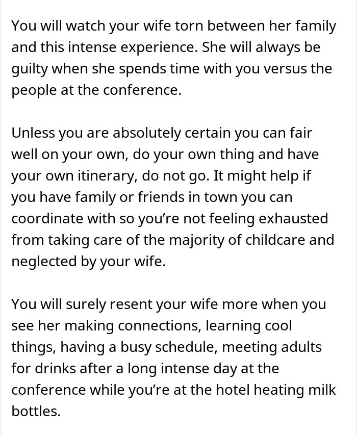 Dad wonders if he&rsquo;s a jerk for not wanting to join his wife&rsquo;s work trip, feeling conflicted about family and childcare.