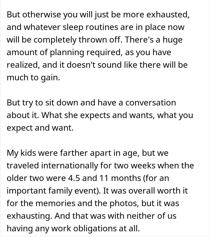 Text about dad wonders if he&rsquo;s a jerk for not wanting to join wife&rsquo;s work trip with kids, discussing exhaustion and planning.