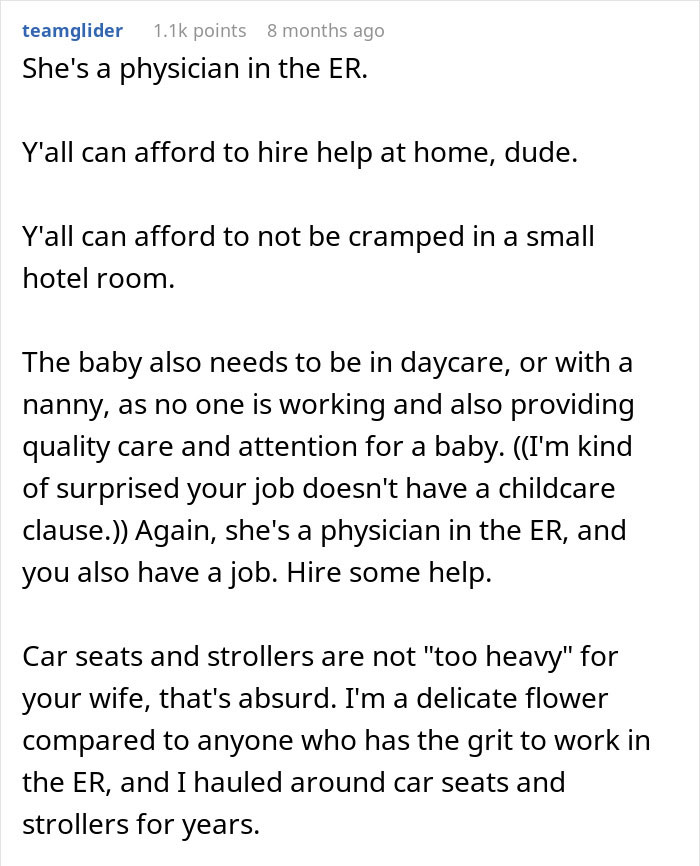 Comment discussing dad wondering if he&rsquo;s a jerk for not wanting to join wife&rsquo;s work trip with the kids.